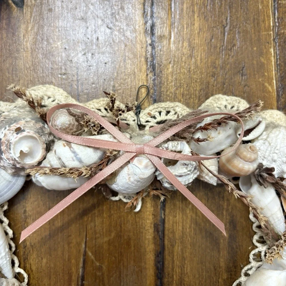 Vtg Handmade Sea Shell Doily Heart Shaped Wall Decor Granny Cottage Beach House